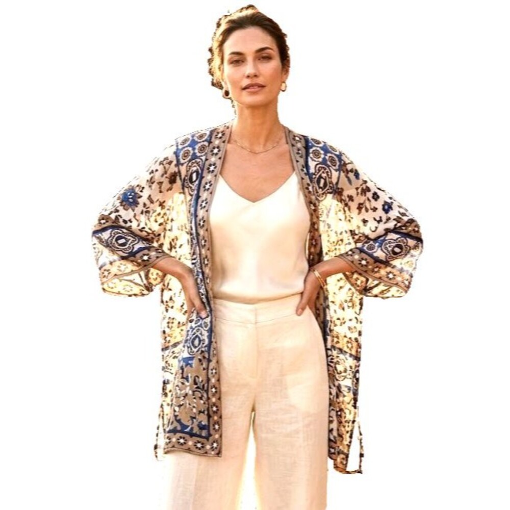 CHICOS Satin Rayon Cream Blue Brown Floral Sheer Kimono Boho Coastal Beach SMALL